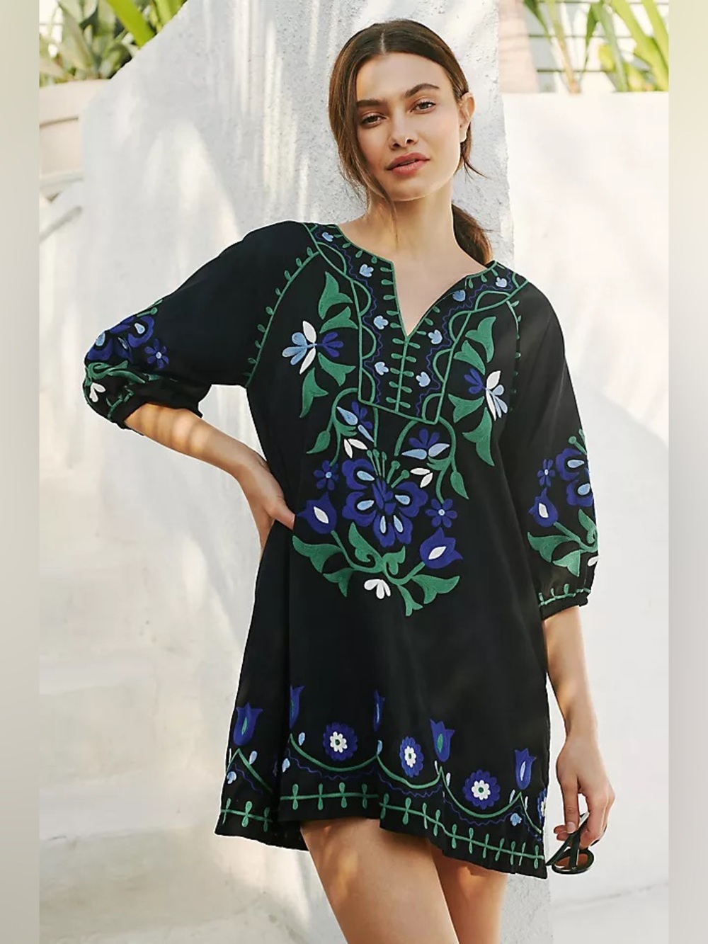 ROLLER RABBIT Lavandou Grace Floral Embroidered Long Sleeve Dress with Pockets